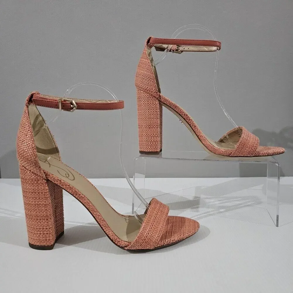 Sam Edelman Yaro Block Heel Sandal Womens 10.5 Pink Coral Woven Ankle Strap